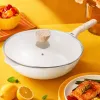 White wok with glass lid and wooden handle, household non-stick frying wok kitchen cookware Specification image